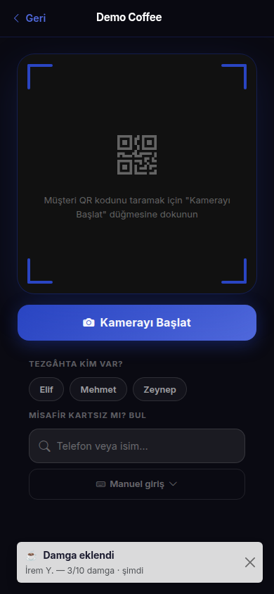 Barista tarama ekranı — müşteriye tek dokunuşla damga verilir