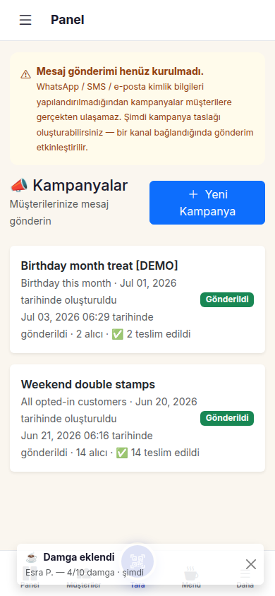 Kampanya ekranı — uzaklaşan müşteriye otomatik geri çağırma
