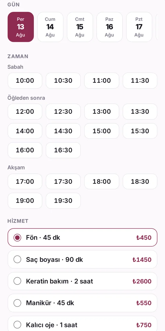 Misafirin randevu isteme ekranı