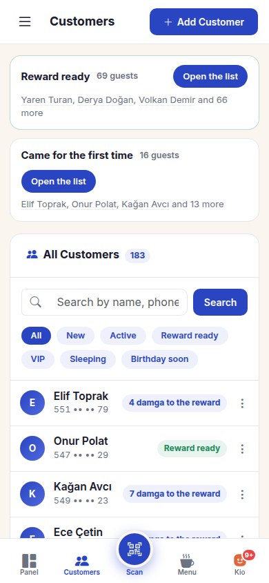 Customer list: stamp and reward status