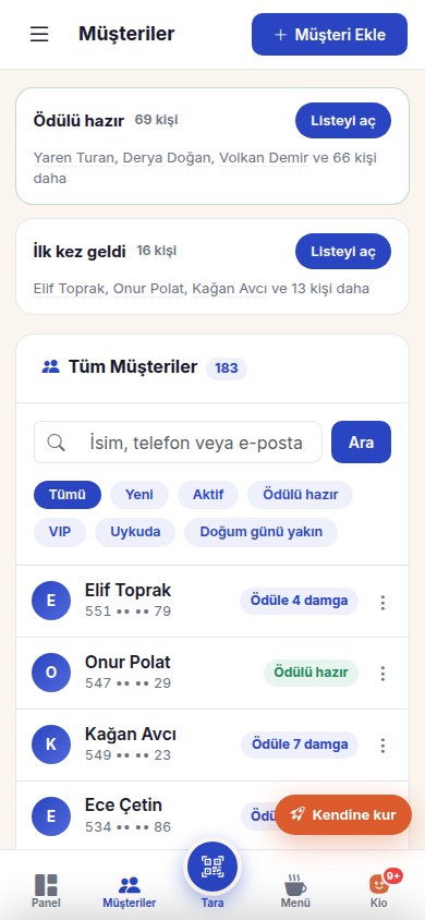 Müşteriler listesi: damga ve ödül durumları